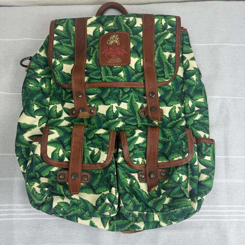 Tropical Banana Palm Leaf Canvas Leather Safari Backpack Bag Medium Green Brown